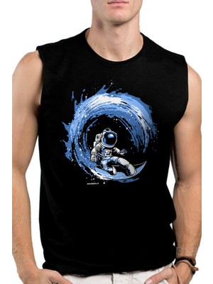 Rock&Roll Galaktik Sörfcü Siyah Kesik Kol / Kolsuz Erkek T-Shirt