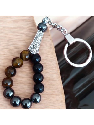 Mga Doğaltaş Kaplan Gözü Taşı Tesbih Anahtarlık - Hematit Taşı - Oniks Taşı - Doğal Taş Anahtarlık - Tesbih Anahtarlık Sertifikalı Doğal Taş Tesbih