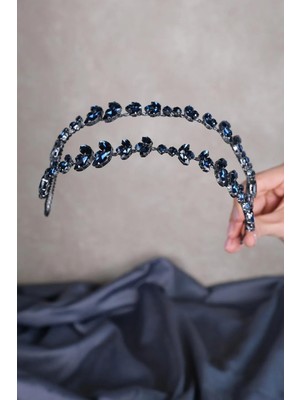 Hayalperest Boncuk Lacivert Alfa Mekik Cam Kristal Taşlı Gelin Kına Tacı