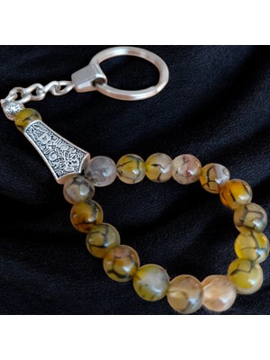 Mga Doğaltaş Sarı Benekli Akik Taşı Tesbih Anahtarlık - Akik Taşı - Doğal Taş Anahtarlık - Tesbih Anahtarlık Sertifikalı Doğal Taş Tesbih