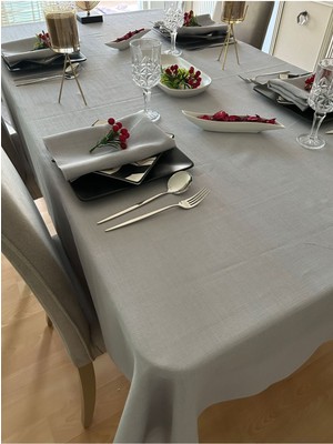 Zeren Home Polyester Keten Etamin Dokulu Dertsiz Masa Örtüsü Gri Rengi + 12 Peçete