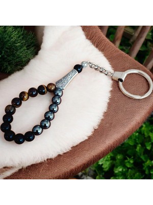 Mga Doğaltaş Kaplan Gözü Taşı Tesbih Anahtarlık - Hematit Taşı - Oniks Taşı - Doğal Taş Anahtarlık - Tesbih Anahtarlık Sertifikalı Doğal Taş Tesbih