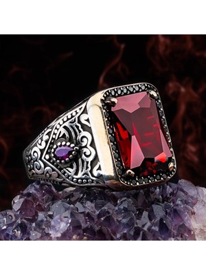 Kırmızı Zirkon Taşlı 925 Ayar Gümüş Erkek Yüzük