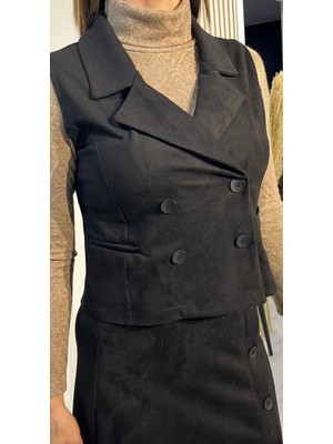 Süet Kruvaze Yelek Siyah