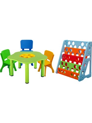 Mupark Çocuk Aktivite Masası - Renkli Sandalyeler ve Renkli Kitaplık - Büyük Masa Set - Anaokulu - Kreş