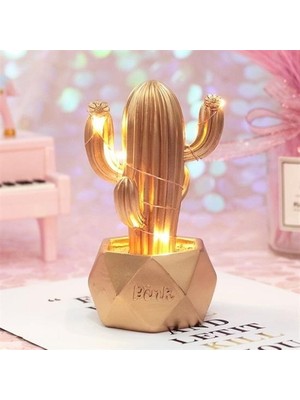 Zayka® LED Işıklı Sevimli Kaktüs Dekoratif Masa Lambası Mini Biblo Gece Lambası-Gold