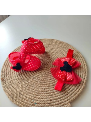 Kız Bebek Kırmızı Puantiyeli Minnie Mouse Patik ve Bandana Seti