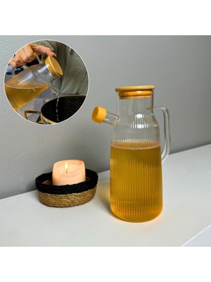 Meturas Borosilikat Cam Yağdanlık 1000 ml Bambu Kapaklı Yağ Sürahisi, Yağ ve Sirke Kabı