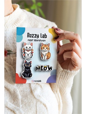 Rozzy Lab 4'lü Kedi Rozet Set Kediler Siyah Beyaz Sarı - Rozet - Broş - Yaka Çanta Aksesuar