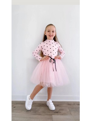 Şirin Şeyler Butiği Linda Uzun Kol Kız Çocuk Prenses Kabarık Tütü Elbise Puantiyeli Esnek Likralı Pembe Tütülü Elbise Yılbaşı Hediyesi