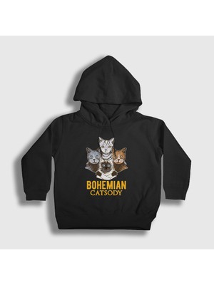 Presmono Unisex Çocuk Siyah Bohemian Catsody Queen Kedili Kapüşonlu Sweatshirt