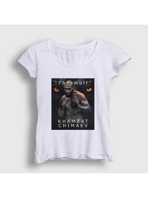 Presmono Kadın Beyaz Wolf Kurt Khamzat Chimaev Mma Ufc T-Shirt