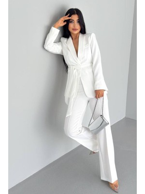 Kadın Bağlamalı Sahte Cepli Kemerli Şal Yaka Blazer Ceket Boru Paça Esnek Pantolon Takım Elbise