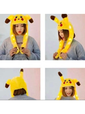 Güler Hediyelik Pikaçu Kulakları Hareket Eden Işıklı Pokemon Peluş Pikachu Şapka