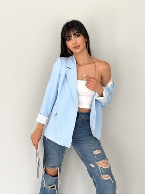 Kadın Beyaz Astarlı Blazer Ceket Kol Içi Çizgili Katlama Detaylı