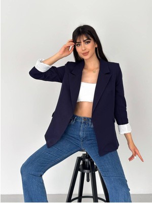 Kadın Beyaz Astarlı Blazer Ceket Kol Içi Çizgili Katlama Detaylı Katlamalı