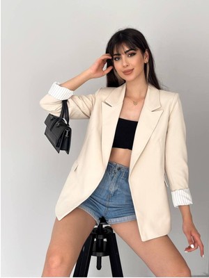 Kruvaze Yaka Düğmesiz Cepli Astarlı Katlanılabilir Kol Blazer Ceket