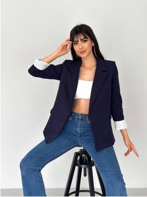 Kruvaze Yaka Düğmesiz Cepli Astarlı Katlanılabilir Kol Blazer Ceket