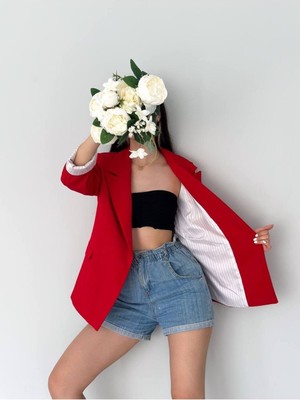 Kruvaze Yaka Düğmesiz Cepli Astarlı Katlanılabilir Kol Blazer Ceket