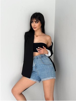 Kruvaze Yaka Düğmesiz Cepli Astarlı Katlanılabilir Kol Blazer Ceket