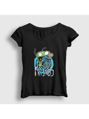 Presmono Kadın Siyah Me And The Squirrel Are Friends Gir Invader Zim T-Shirt