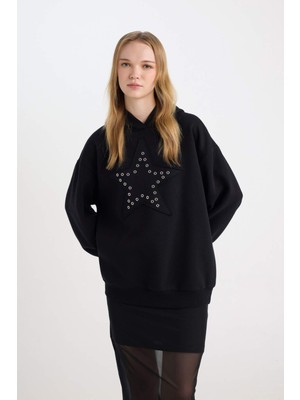 DeFacto Coool Oversize Geniş Kalıp Yıldızlı Kalın Siyah Sweatshirt D8024AX24WN