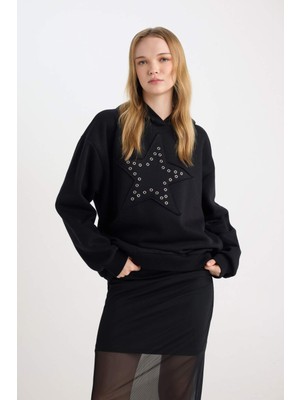 DeFacto Coool Oversize Geniş Kalıp Yıldızlı Kalın Siyah Sweatshirt D8024AX24WN