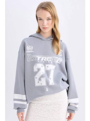 DeFacto Coool Oversize Geniş Kalıp Kapüşonlu Baskılı Kalın Sweatshirt D6696AX24WN