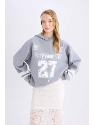 DeFacto Coool Oversize Geniş Kalıp Kapüşonlu Baskılı Kalın Sweatshirt D6696AX24WN