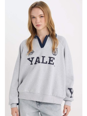 DeFacto Yale University Oversize Geniş Kalıp Polo Yaka Baskılı Kalın Sweatshirt D7001AX24WN