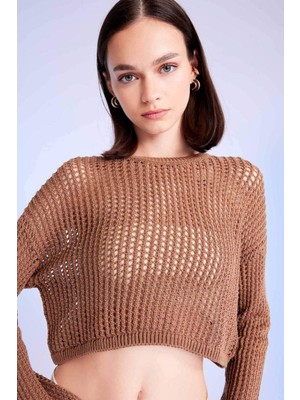 DeFacto Regular Fit Bisiklet Yaka Kroşe Ajurlu Delikli Crop Triko Kazak T4513AZ24AU
