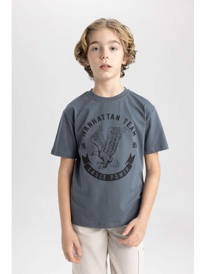 DeFacto Erkek Çocuk Kısa Kollu Baskılı Tişört Günlük Stil Antrasit Renk Regular Fit