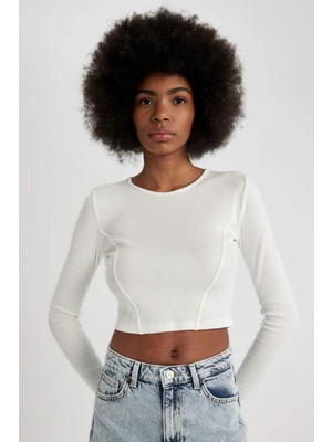 DeFacto Fitted Bisiklet Yaka Fitilli Kaşkorse Crop Uzun Kollu Tişört