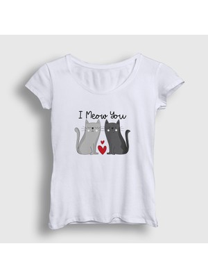 Presmono Kadın Beyaz I Meow You Kedili Sevgili T-Shirt