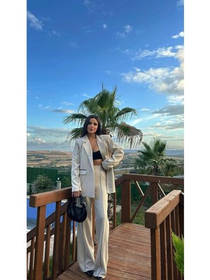 Kadın Çizgi Detaylı Blazer Ceket Palazzo Pantolon Takım Elbise