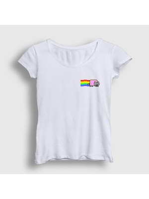 Presmono Kadın Beyaz Nyan Cat Meme Kedili T-Shirt
