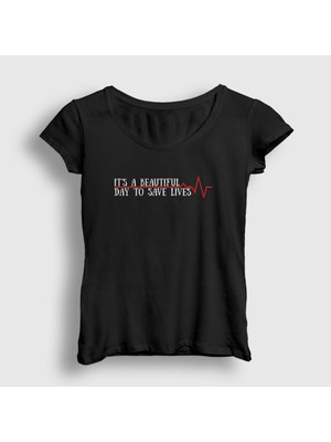 Presmono Kadın Siyah Save Lives Hediye Hemşire Doktor T-Shirt