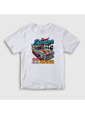 Presmono  Çocuk Beyaz Speed Demon Araba Yarışı Otomobil T-Shirt