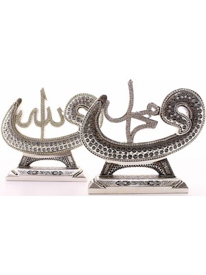 Home Dekor Hediye Orta Boy Biblo 17 cm Vavlı Lafız 2'li Gümüş Allah Muhammed Polyester Üzerine Metal Kaplama Biblo