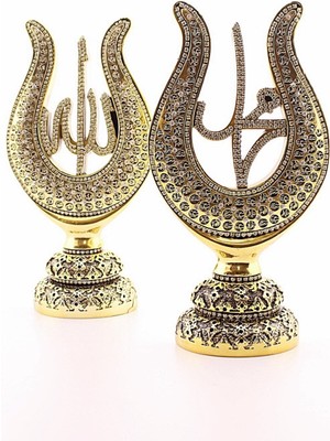 Home Dekor Hediye Orta Boy Biblo 22 cm Lale Lafız 2'li Gold Allah Muhammed Polyester Üzerine Metal Kaplama Biblo ​​​​​​