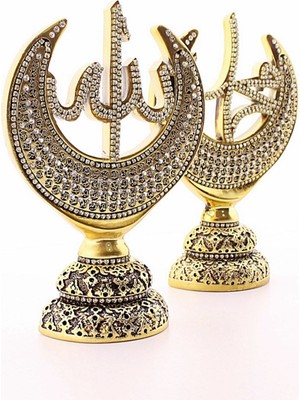 Home Dekor Hediye Orta Boy Biblo 20 cm Hilal 2'li Gold Allah Muhammed Polyester Üzerine Metal Kaplama Biblo