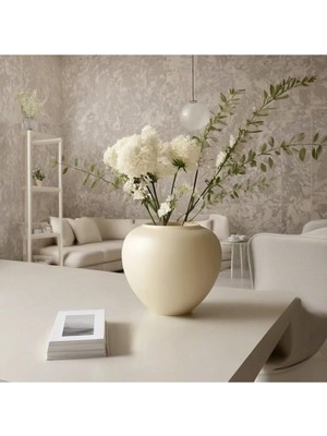 Iskandinav Tarzı Bohem Yuvarlak Tasarım Sade Seramik Krem Rengi Vazo 17X20 cm