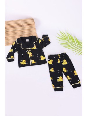Vav Baby Vavbaby  Pamuk Kruvaze Yaka Önden Düğmeli Sarı Ördekli Siyah Mevsimlik Bebek Pijama Takım (Ay)