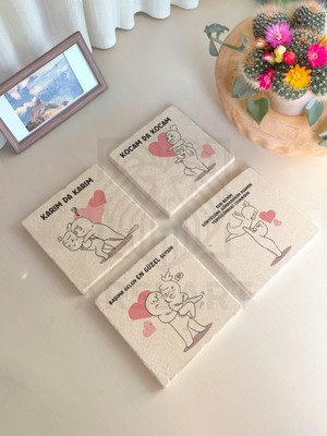 Sevgiliye Hediye ,kişiye Özel Karikatür Tasarımlı Taş Bardak Altlığı 4'lü Set