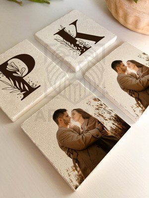 Sevgiliye Hediye,kişiye Özel Harf ve Fotoğraf Tasarımlı Taş Bardak Altlığı 4'lüset