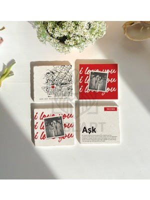 Sevgililer Günü , Aşk Dolu Anılar Için Özel Tasarım Taş Bardak Altlıkları 4'lü Set