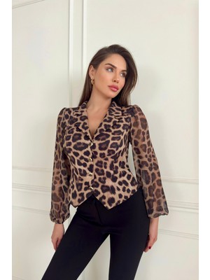 Leopar Desenli Şık Yelek - Ceket Yaka, Düğme Kapama, %100 Polyester