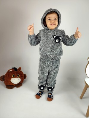 Ayıcık Nakış Detaylı Kapüşonlu Peluş Welsoft Kız Erkek Unisex Çocuk 2'li Eşofman Takımı