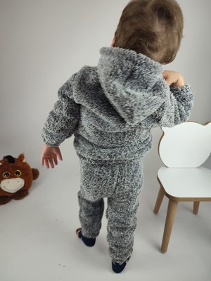 Ayıcık Nakış Detaylı Kapüşonlu Peluş Welsoft Kız Erkek Unisex Çocuk 2'li Eşofman Takımı