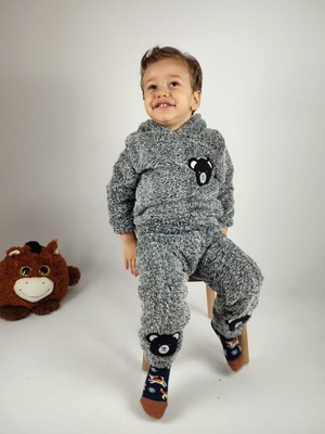 Ayıcık Nakış Detaylı Kapüşonlu Peluş Welsoft Kız Erkek Unisex Çocuk 2'li Eşofman Takımı
